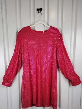 Hesed Womens Hot Pink Sequin Long Sleeve Shift Dress Size 1X Party Cocktail